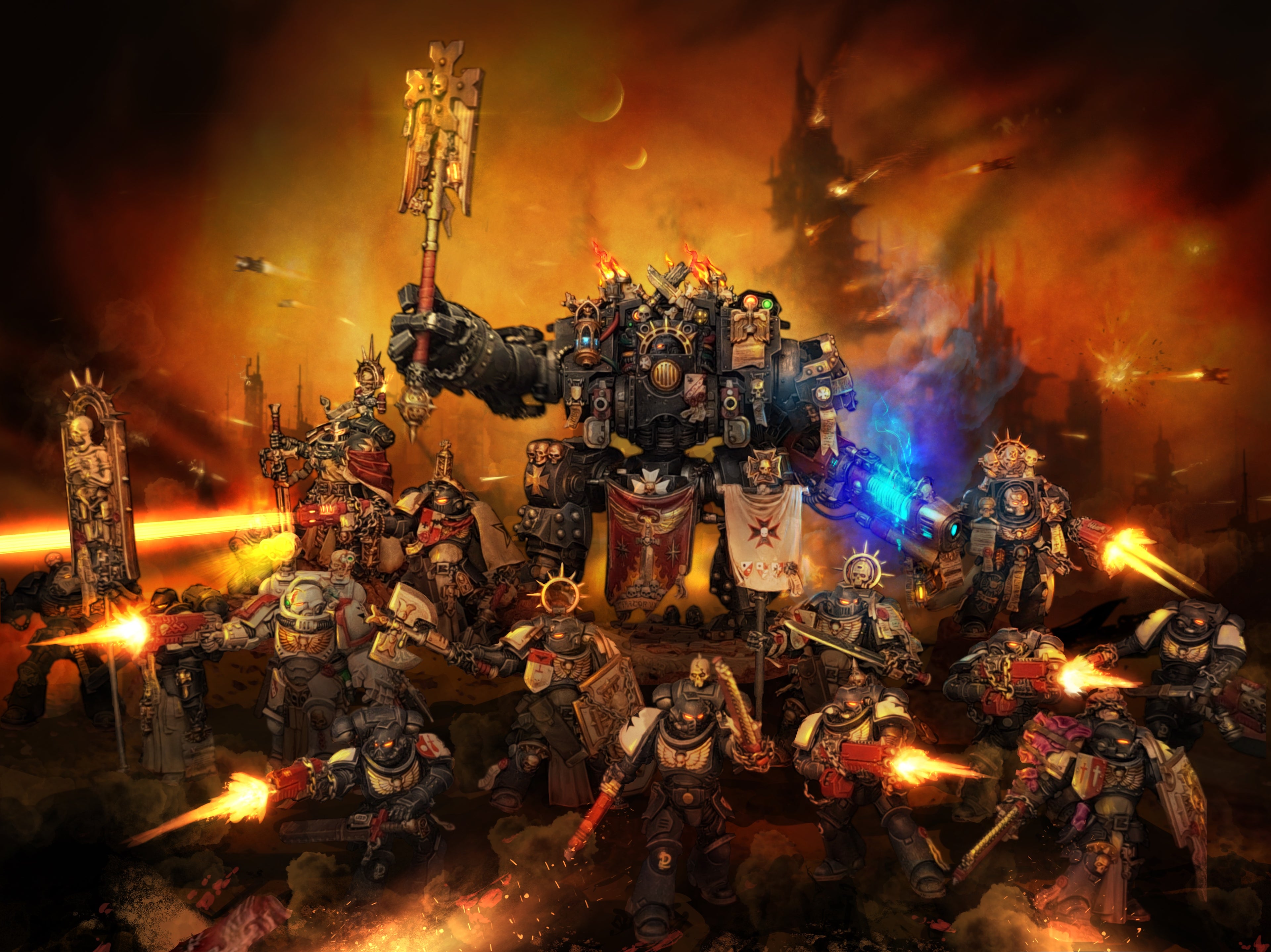 Warhammer 40k Black Templars paintover inspired by John Blanche artwork, featuring battle-worn Terminators and a towering Dreadnought with cinematic VFX