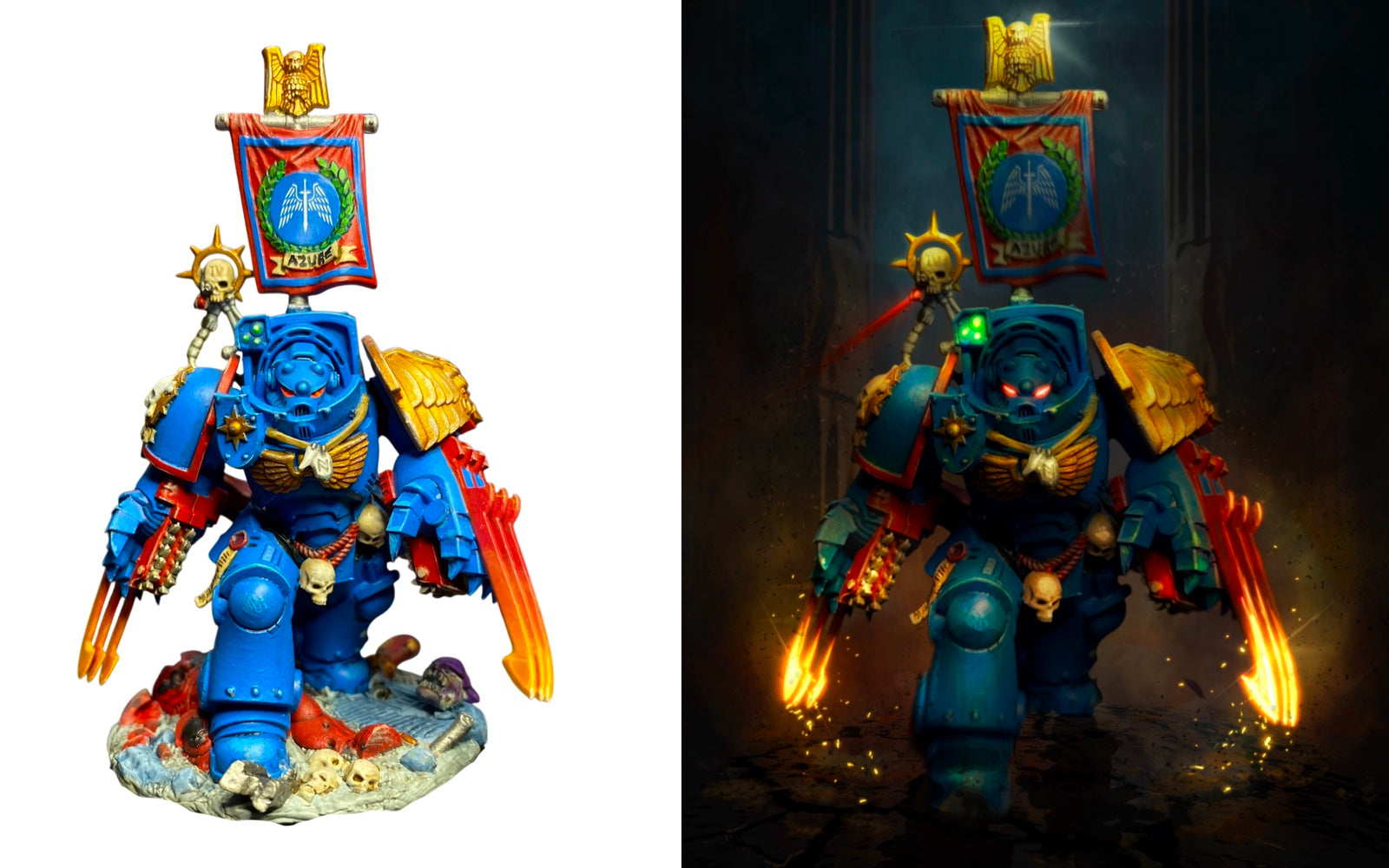 Before and after paintover of a Warhammer Carcharodon Terminator miniature with glowing claws and cinematic lighting.