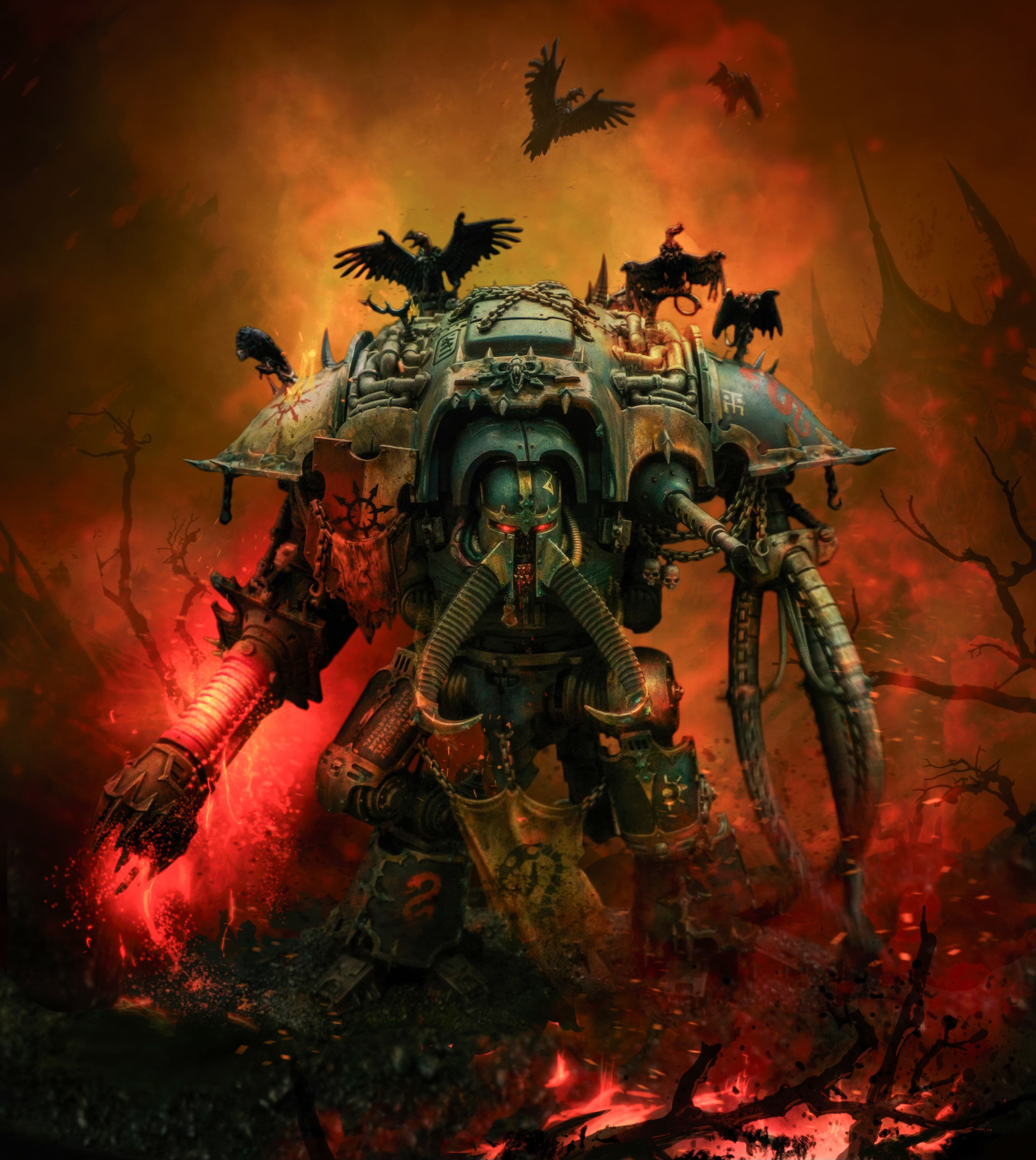 Warhammer Chaos Knight Abominant paintover photo edit with gore, spikes, plasma, fiery effects in grimdark