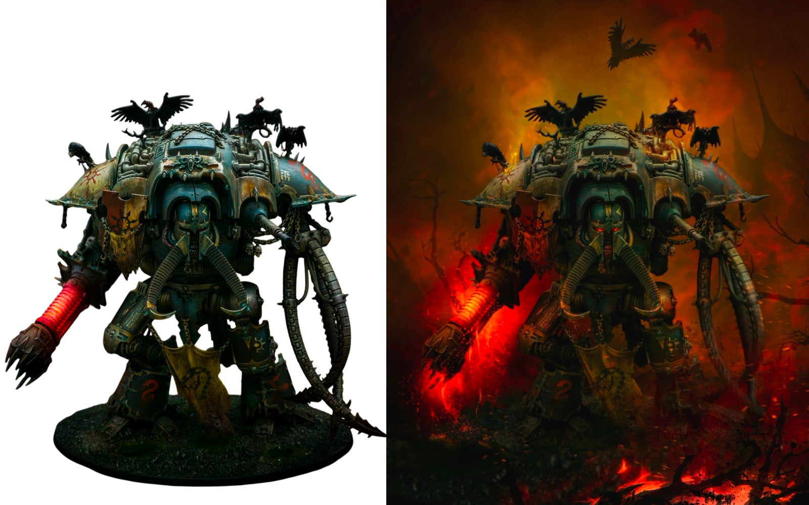 Before and after paintover of a Warhammer Chaos Knight miniature with fiery battlefield effects.