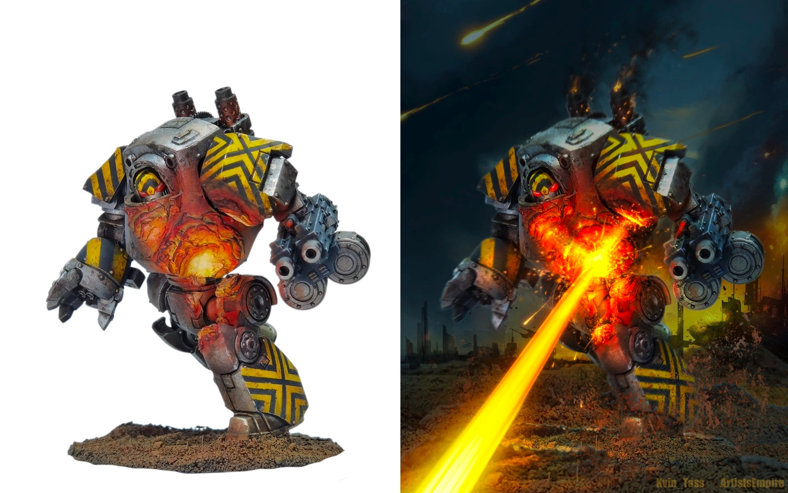 Before and after paintover of a Warhammer Iron Warriors Dreadnought miniature with energy beam and battlefield effects.
