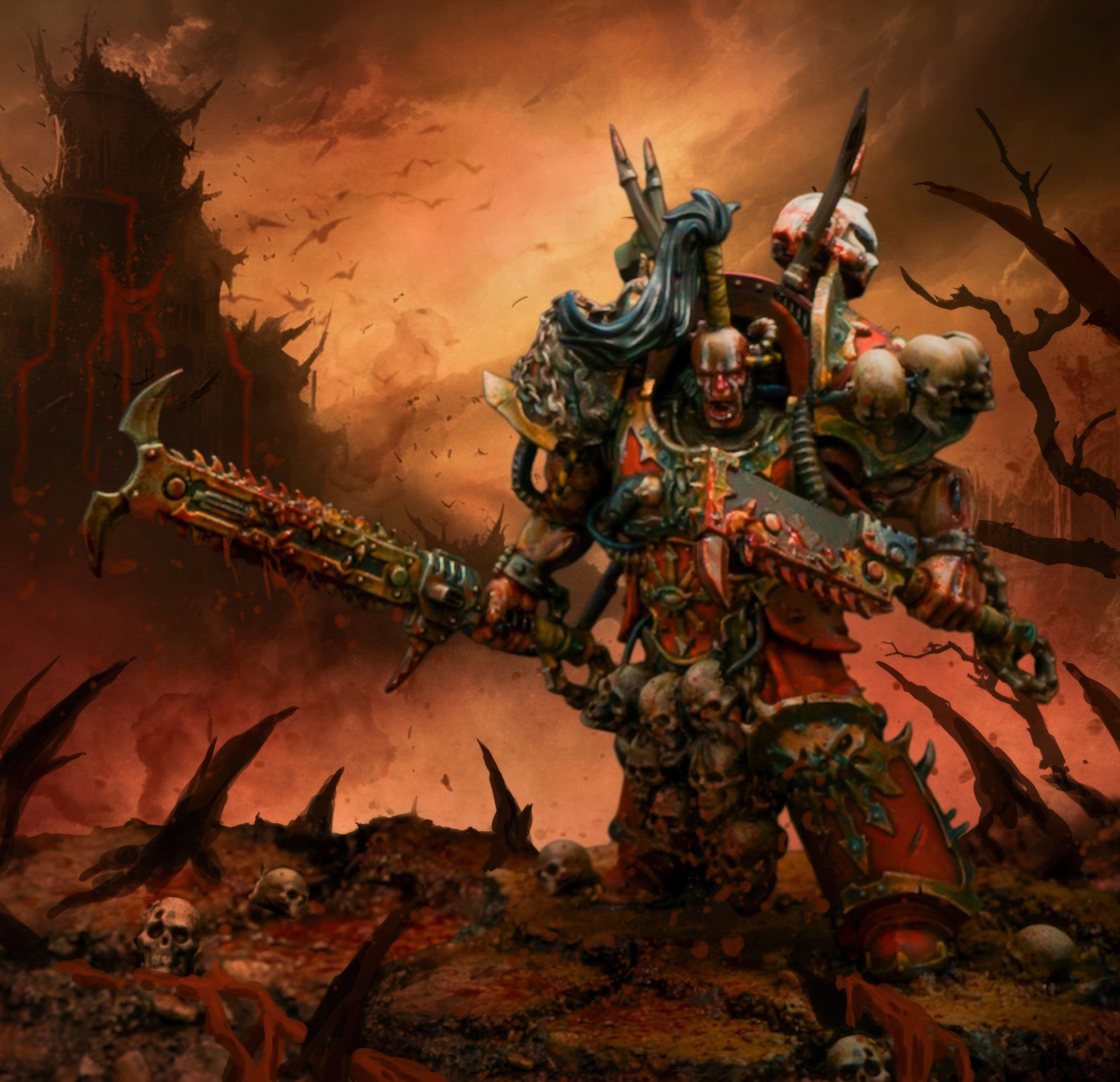 Warhammer Khorne Chaos Space Marine paintover photo edit with gore, spikes, chain sword, fiery effects in grimdark