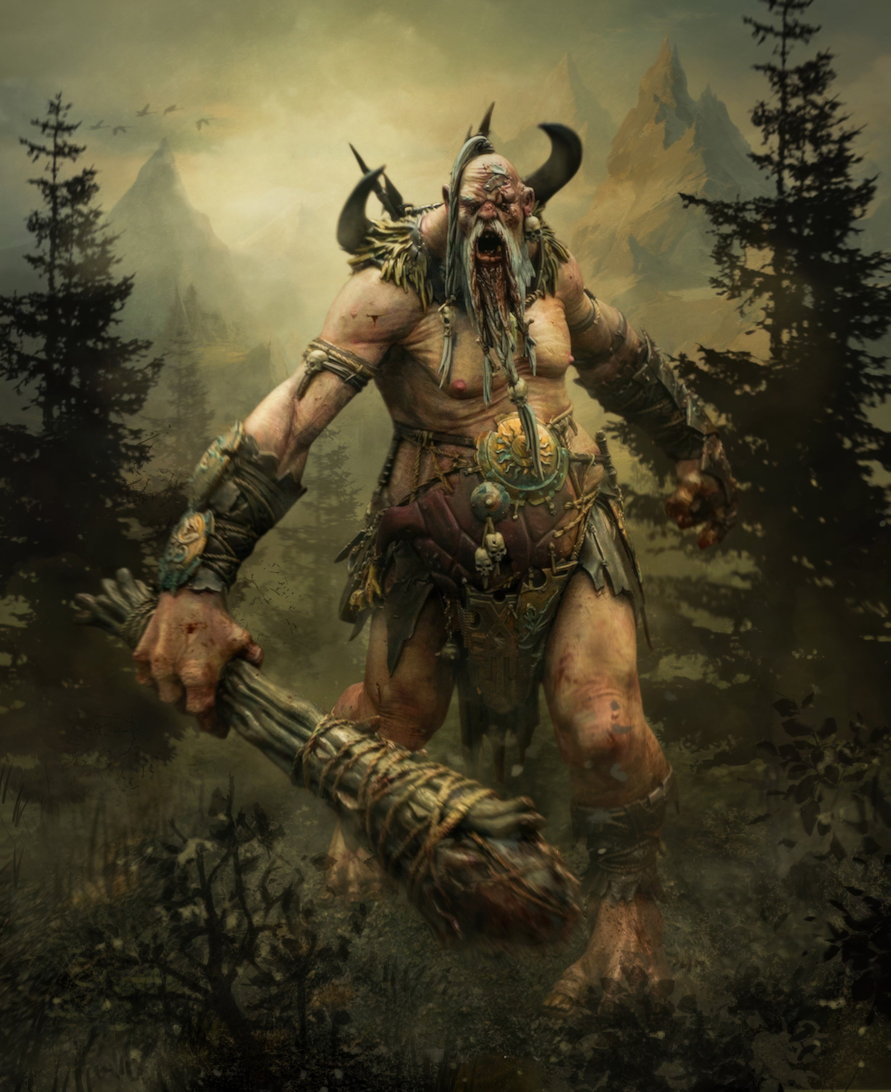 Warhammer Age of Sigmar Mega-Gargant paintover photo edit with cinematic effects, horns, mountain background in grimdark