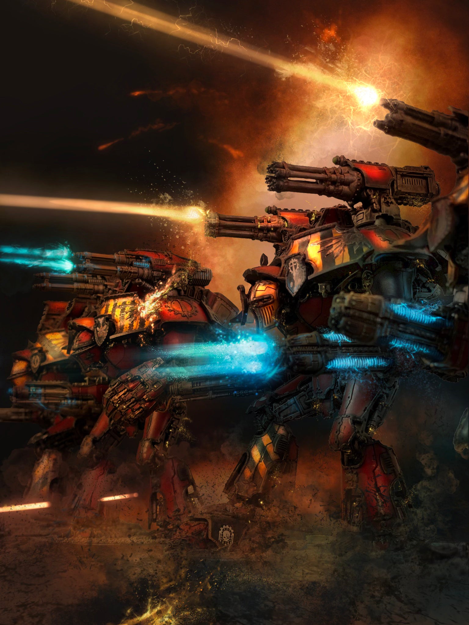 Warhammer Warlord Titans photo edit with energy weapons, fiery VFX, cinematic effects in grimdark