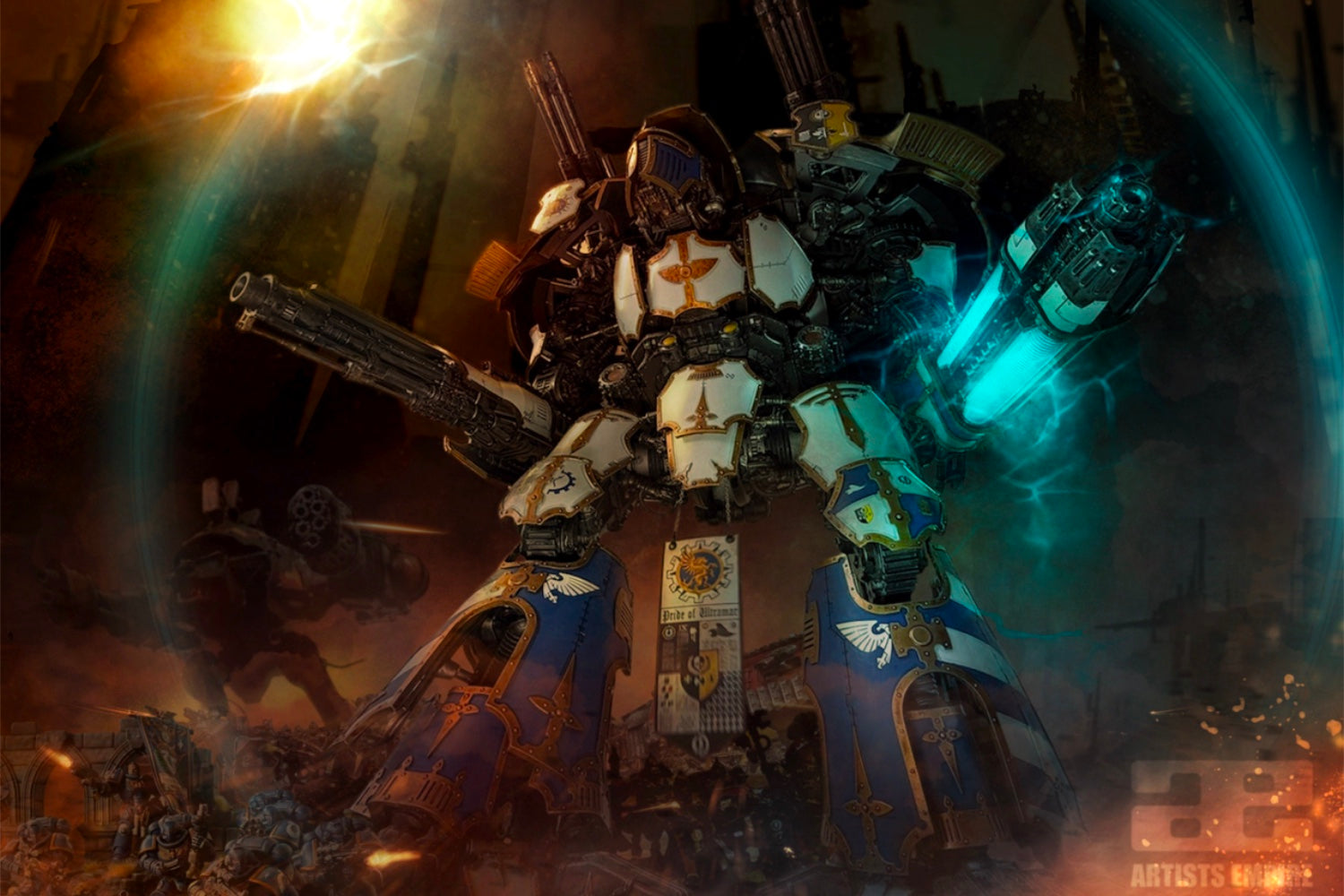 Warhammer Ultramarines Warlord Titan photo edit with plasma beams, explosions, marine allies in grimdark battle
